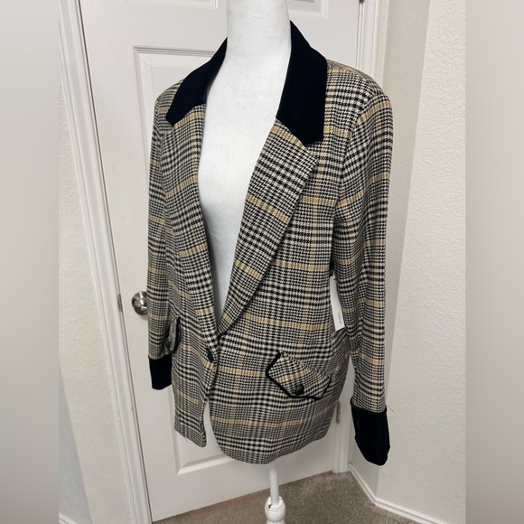 Drew Plaid W/ Black Velvet Collar & Cuffs One Button Blazer Women’s Size L - Picture 5 of 12